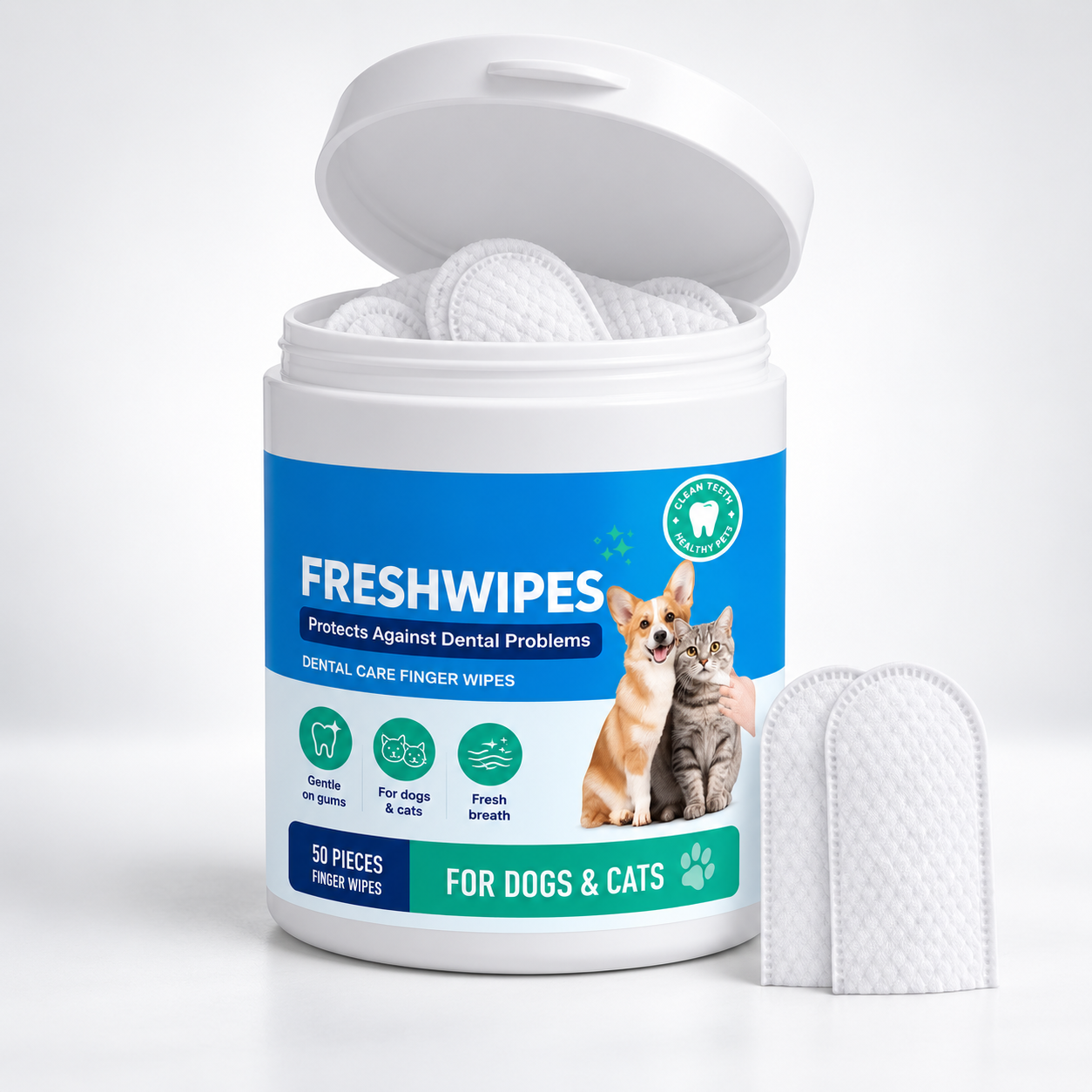 Dog Dental Finger Wipes for Teeth Cleaning – No-Rinse Oral Care for Dogs & Cats, 50 Count